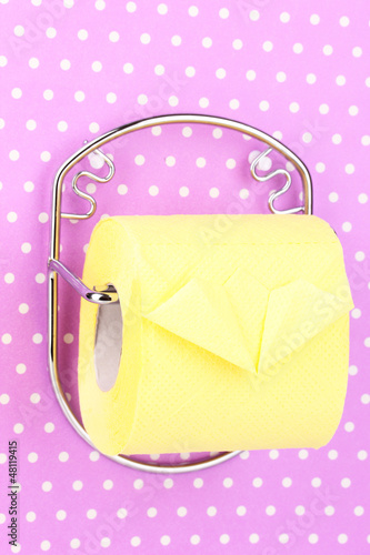 Photo: Roll of toilet paper on holder fixed to wall Roll of toilet paper on holder fixed to wall