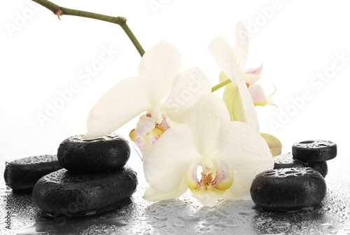 Photo: Spa stones and orchid flowers, isolated on white. Spa stones and orchid flowers, isolated on white.