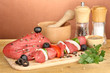 Raw beef meat marinated with herbs and spices