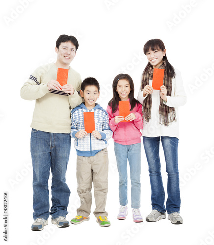 Photo: happy chinese new year. happy chinese family holding red envelop happy chinese new year. happy chinese family holding red envelop