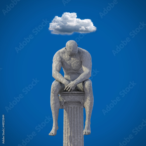 Illustration: Männliche Statue sitzt auf Säule 3D Wolke Männliche Statue sitzt auf Säule 3D Wolke
