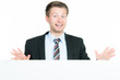 begeisterter businessmann mit werbetafel