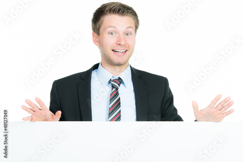 Photo: begeisterter businessmann mit werbetafel begeisterter businessmann mit werbetafel