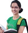 Indian /Asian college student reading book, on isolated white.