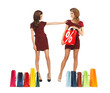 teenage girls in red dresses with shopping bags