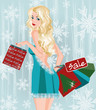Winter sale girl with shopping bags, vector illustration