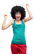 Happy woman wearing afro wig