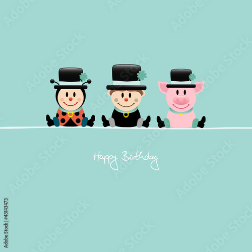 Vector: Ladybeetle, Chimney Sweep & Pig "Happy Birthday" Retro Ladybeetle, Chimney Sweep & Pig "Happy Birthday" Retro