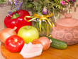 Flowers, apple, vegetables, oil and meat pork