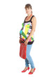 A pregnant woman (9 months) with a red bag