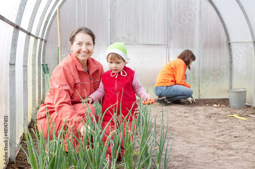 Photo: women with child works at hothouse women with child works at hothouse