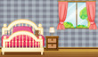 A bed and side table