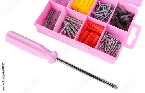 Photo: Pink box with screws and screwdriver Pink box with screws and screwdriver