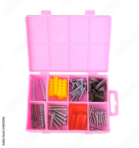 Photo: Pink box with screws and dowels Pink box with screws and dowels