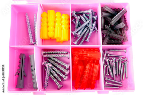 Photo: Pink box with screws and dowels Pink box with screws and dowels
