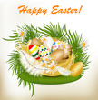 Easter greeting card with colorful eggs, green grass and nest