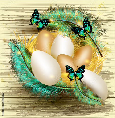 Vector: Easter greeting card with nest full of eggs and colorful ferns Easter greeting card with nest full of eggs and colorful ferns