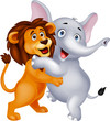 Lion and elephant embracing each other