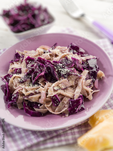 Photo: tagliatelle with red cauliflower and parmesan cheese, selective tagliatelle with red cauliflower and parmesan cheese, selective
