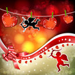 Paper hearts hanging from a rope, with cupid and ribbon