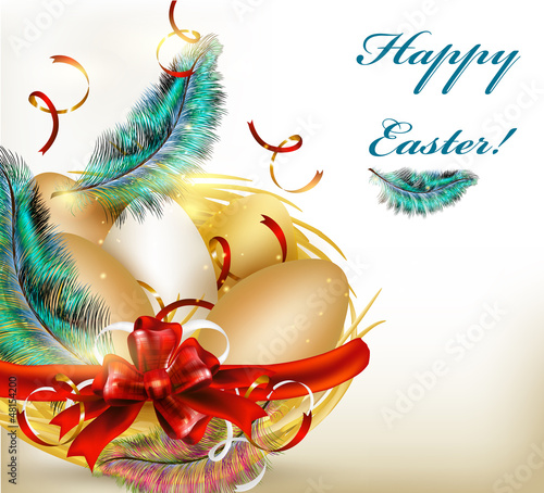 Vector: Pretty Easter greeting card with nest, eggs and ferns Pretty Easter greeting card with nest, eggs and ferns