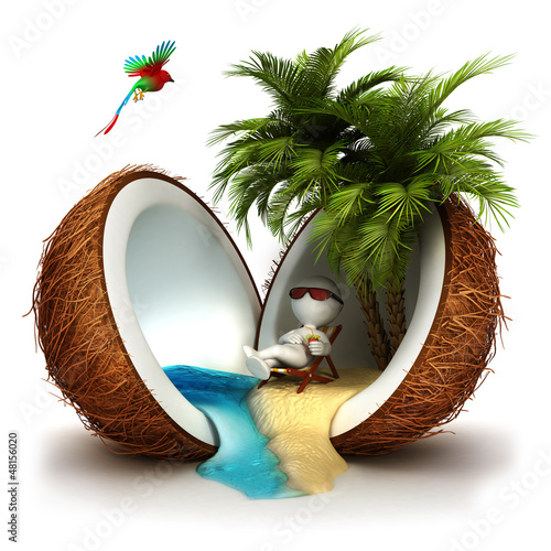 Illustration: 3d white people in a coconut paradise 3d white people in a coconut paradise