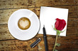 Coffee on Valentines day, wooden table/vintage valentin day back