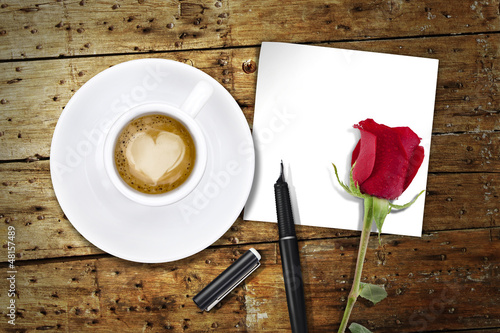 Photo: Coffee on Valentines day, wooden table/vintage valentin day back Coffee on Valentines day, wooden table/vintage valentin day back