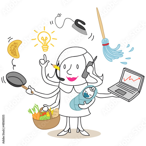 Vector: Figur, Frau, Multitaskingfähig, Haushalt, Karriere, Kind Figur, Frau, Multitaskingfähig, Haushalt, Karriere, Kind