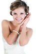 Slim beautiful woman wearing luxurious wedding dress. Bride