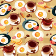 Vector: Seamless pattern with fried eggs and cups of coffee Seamless pattern with fried eggs and cups of coffee