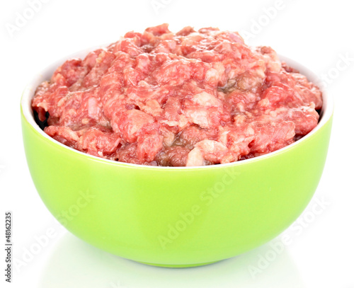 Photo: Bowl of raw ground meat isolated on white Bowl of raw ground meat isolated on white