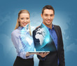 man and woman with tablet pc and virtual globe