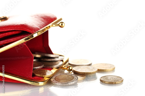Photo: female red wallet with coins isolated on white female red wallet with coins isolated on white