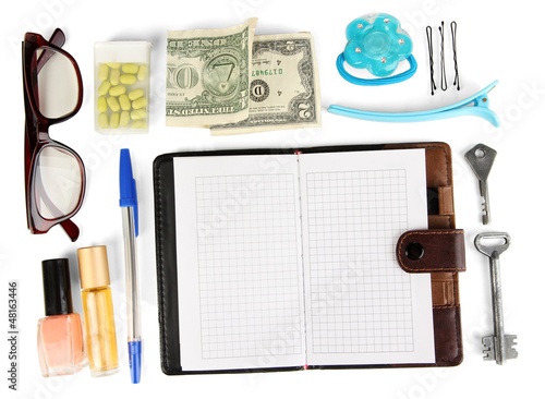 Photo: Items contained in the women's handbag isolated on white Items contained in the women's handbag isolated on white