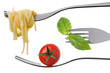 spaghetti basil and tomato on forks isolated