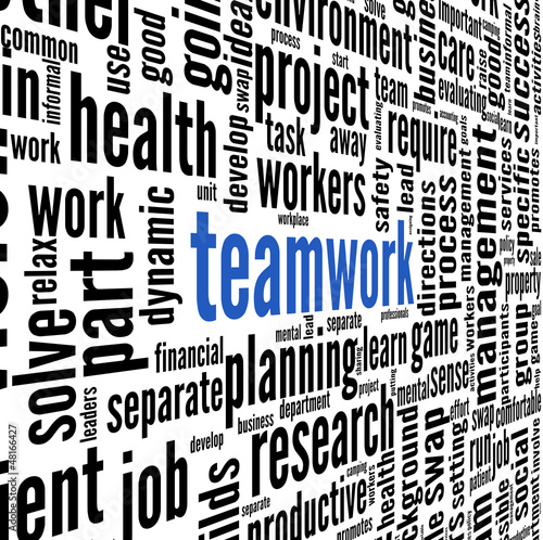 Illustration: Teamwork concept in word tag cloud Teamwork concept in word tag cloud