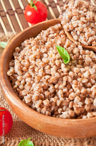 Photo: Buckwheat porridge in a wooden bowl Buckwheat porridge in a wooden bowl