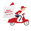 Funny pizza delivery boy riding red motor bike Funny pizza delivery boy riding red motor bike
