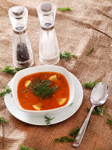 Photo: Soup served with the salt, pepper and spoon Soup served with the salt, pepper and spoon