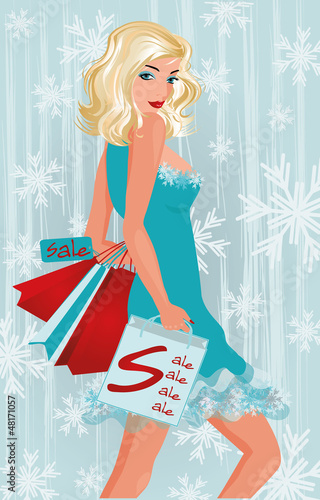Vector: Winter shopping blonde girl, vector illustration Winter shopping blonde girl, vector illustration
