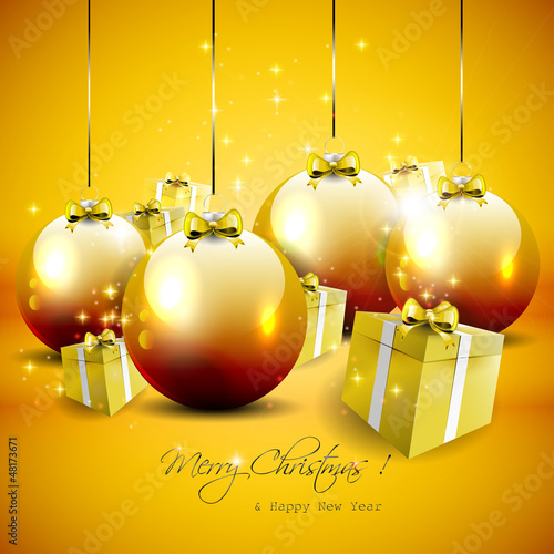 Vector: Elegant gold Christmas background with baubles and gifts Elegant gold Christmas background with baubles and gifts