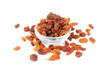 raisins close- up in glass bowl isolated on white background