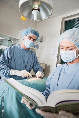 Photo: Veterinarian Doctor Operating With Female Assistant Referring To Veterinarian Doctor Operating With Female Assistant Referring To