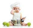 funny adorable baby with green apples isolated on white backgrou