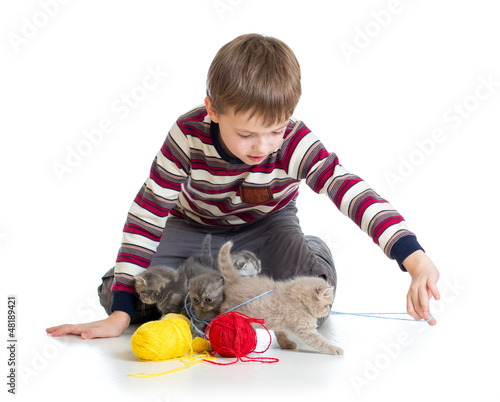 Photo: child boy playing with kittens isolated on white background child boy playing with kittens isolated on white background