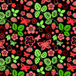 Strawberry leaves and butterflies seamless pattern, vector
