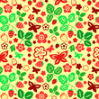 Strawberry leaves and butterflies seamless pattern, vector