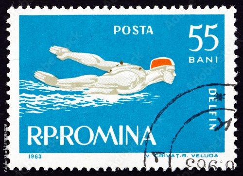 Photo: Postage stamp Romania 1963 Swimming, Butterfly Stroke Postage stamp Romania 1963 Swimming, Butterfly Stroke