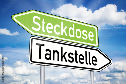 Illustration: Wegweiser mit Tankstelle und Steckdose Wegweiser mit Tankstelle und Steckdose